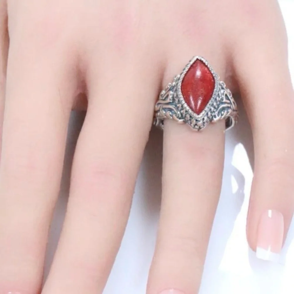 Carolyn Pollack Relios Red Coral sterling silver scroll‎ ring size 9.25